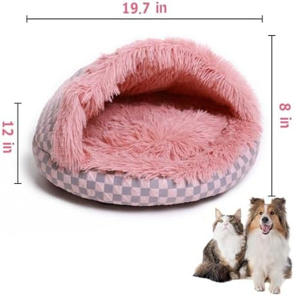 Cat Bed Hooded Plush Nest with Self-Warming Cozy Cave, Calming Anti-Anxiety Pet Bed for Indoor Cats & Small Dogs, Removable Washable Cover & Waterproof Bottom - Pink