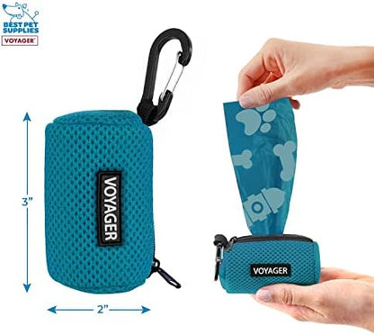 Best Pet Supplies Dog Poop Bag Holder Leash Attachment with Reusable Dispenser for Travel, Walking, Park, and Outdoor Use, Durable with Clip-On - Turquoise, Mesh Dispenser w/15 Bags