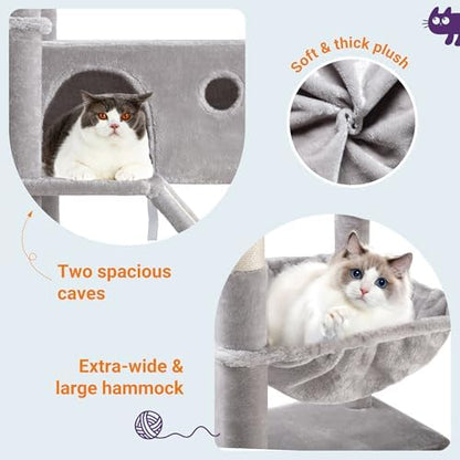 Allewie 81 Inches Tall Cat Tree/Multi-Level Large Climbing Tree House and Towers for Big Feline/Condo and Hammock/Scratching Post/Wide Base/Grey