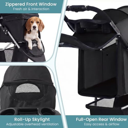 Pet Stroller for Small Medium Cats Dogs, 3-Wheel, One-Click Foldable