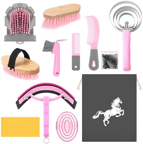 Abbylike 12 Pieces Horse Grooming Kit Equine Care Brushes, Pink and Grey