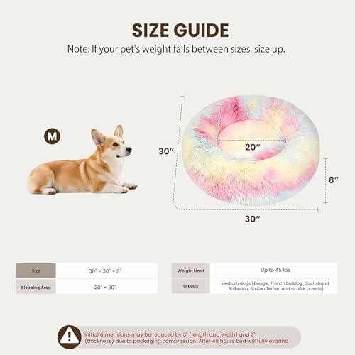 Donut Dog Bed Medium Size Dog, Round Cat Beds for Small Medium Dogs and Cats with Washable Fluffy Faux Fur, Cute Comfort Pet Bed with Anti-Slip Bottom, Rainbow, 30"