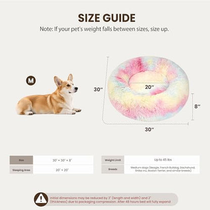 Donut Dog Bed Medium Size Dog, Round Cat Beds for Small Medium Dogs and Cats with Washable Fluffy Faux Fur, Cute Comfort Pet Bed with Anti-Slip Bottom, Rainbow, 30"