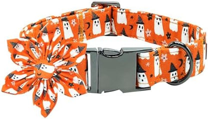 Dog Collar Halloween Fall Orange Ghost Print Pet Collar Holiday Soft Dog Collars with Flower Adjustable Metal Buckle Collar for Medium Dogs