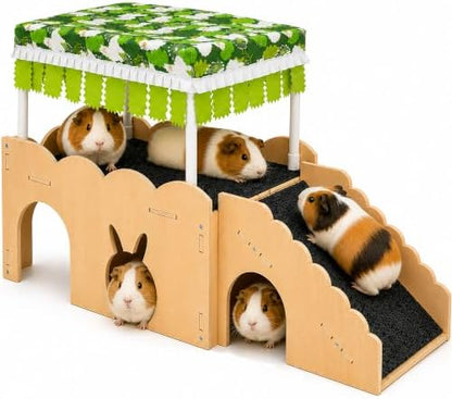 3-in-1 Guinea Pig Hideout Bottomless with Ramp Wood Guinea Pig Accessories