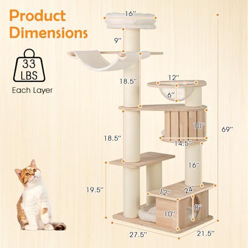 PETSITE 69 Inch Tall Wood Cat Tree, Multi-Level Modern Cat Tower with 5.7 inch Scratching Posts, Double Cat Condos, Space Capsule, Hammock, Large Wooden Cat Tree Tower for Indoor Cats, Natural