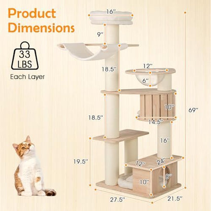 PETSITE 69 Inch Tall Wood Cat Tree, Multi-Level Modern Cat Tower with 5.7 inch Scratching Posts, Double Cat Condos, Space Capsule, Hammock, Large Wooden Cat Tree Tower for Indoor Cats, Natural