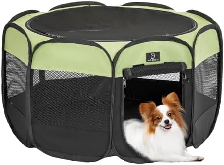 Dog Playpen for Small Dogs & Puppies, 29.92" Portable Indoor Outdoor Puppy Playpen with Bowl, Waterproof Floor, Foldable Pop-Up Pet Pen for Home, Travel & Daily Use, Green+Black