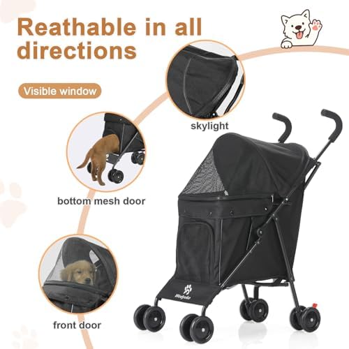 Wedyvko Umbrella Dog Stroller, Travel Portable Pet Stroller for Small Puppy Dogs & Cats, Up to 33 lbs, Black