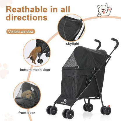 Wedyvko Umbrella Dog Stroller, Travel Portable Pet Stroller for Small Puppy Dogs & Cats, Up to 33 lbs, Black