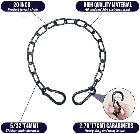 304 Stainless Steel Gate Chain 550lbs Capacity - 20" x 5/32" with M7 Carabiners, Chain Link Gate Latch for Outdoor Fence Livestock, Safety Hanging Metal Chain with 4 Carabiners, Black, 2 Pack