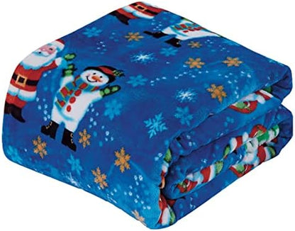 Valerian Luxury Velvet Super Soft Light Weight Blanket Prints Fleece Throw - All Year Round Home Decor, Fuzzy Warm and Cozy Throws, Couch and Gift, 50 x 60inch, Blue Santa Snowman