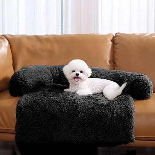 HACHIKITTY Calming Pet Sofa Bed Mat, Washable Fluffy Couch Cover for Dogs and Cats, Anti-Slip Bottom (37"x 33"x 6", Black)
