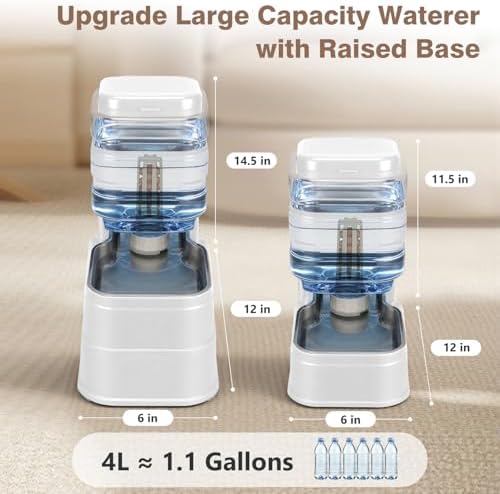 1.1 Gallon Pet Automatic Dog Water Dispenser Cat Gravity Waterer Feeder with Stainless Steel Bowl 8L Large Capacity Puppy Feeding Raised Bowls with Filter,Ice Pack (White, 4L(1.1 Gallon))