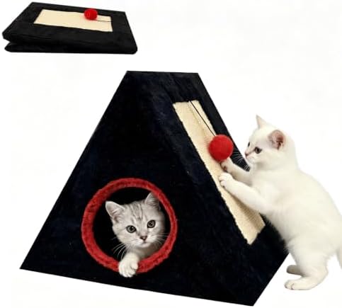Cat Beds for Indoor - 2 in 1 Cat Cave House Tent for Kittens and Small Pets with Fluffy Ball Hanging and Scratch Pad,Foldable Kitten Hideaway with Non-Slip Bottom, Black, 17 inches