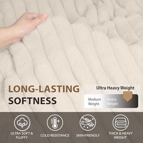 DEZ FURNISHINGS Luxury Reversible Textured Stripe Faux Fur & Velvet Throw Blanket, Throw XL (50" x 70"), Taupe