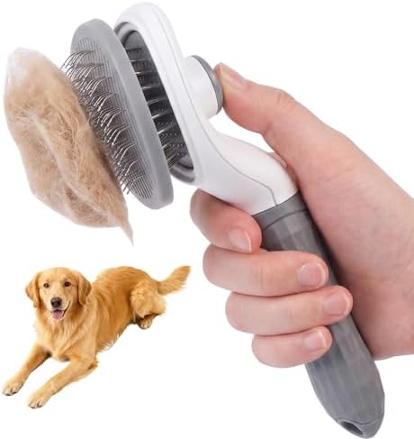 Pet Deshedding Brush，Self-Cleaning Slicker Grooming Tool with Soft Rubber Handle and Rounded Stainless Steel Pins, Removes Loose Undercoat and Tangles, Suitable for Long & Short Hair Pets