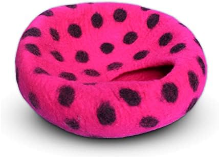 Woolygon Premium Felt Cat Cave Bed – Wool Kitty Beds Handcrafted Kitten Caves Bed for Indoor Cats - Made from Merino Wool, Foldable Cat Hideaway Covered Cat House Pod (Pink Polka)