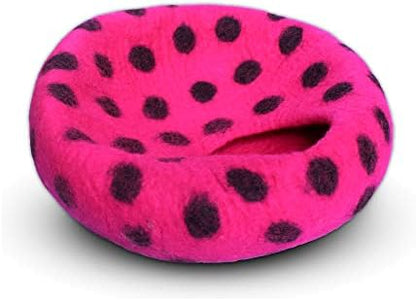 Woolygon Premium Felt Cat Cave Bed – Wool Kitty Beds Handcrafted Kitten Caves Bed for Indoor Cats - Made from Merino Wool, Foldable Cat Hideaway Covered Cat House Pod (Pink Polka)