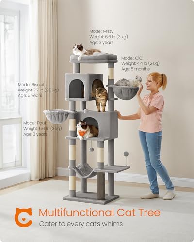 Feandrea Cat Tree, 69-in Large Cat Tower, Multi-Level Condo, Dove Gray