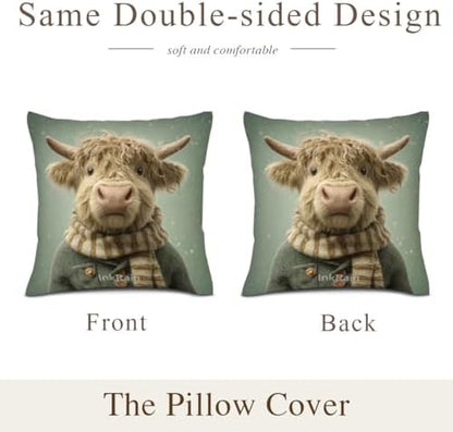 InkRain Winter Animal Cute Highland Cow Pillow Cover 20x20 Inch Set of 2 Home Decor Decorative Cotton Linen Illustration Pillowcases for Living Room House Sofa