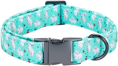 Easter Dog Collar, White Rabbit Print Blue Pet Collars Cute Durable Metal Buckle Girl and Boy Dog Collars Adjustable for Small Medium Large Dogs