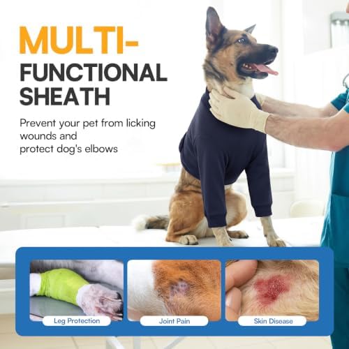 Queenmore Dog Leg Sleeve to Stop Licking, Alternative to Cone of Shame, After Surgery Dog Elbow Protector with Magic Tapes, Recovery Suit for Dogs, Navy Blue, S