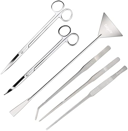 Segarty Aquarium Aquascaping Tools, 6 in 1 Stainless Steel Silver Aquascaping Tools Kit for Aquatic Plant Fish Tank, Long Scrapers Spatula Feeding Tweezers Curved Straight Scissors Aquarium Tools