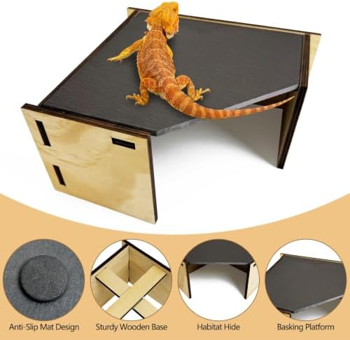 PINVNBY Large Bearded Dragon Basking Platform Wooden Snake Hide Ball Pythons Hide with Slate Rock Leopard Gecko Tank Accessories for Crested Gecko Chameleon(Triangle: 12.6 x 9.84 x 4.53 inches)