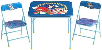 Sega Sonic The Hedgehog Kids Table and Chair Set, 3-Piece Square Table with 2 Folding Chairs for Playroom & Activities