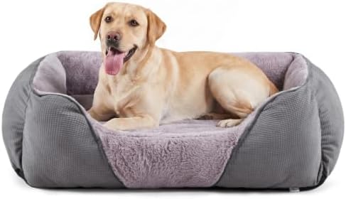 MIXJOY Dog Beds for Large Dogs, Big Pet Bed Large Size Dog Washable, Orthopedic Calming Soft Pet Beds Cuddler, Rectangle Sleeping Rabbit-Velvet Cozy Puppy Bed with Anti-Slip Bottom (35x25in, Grey)