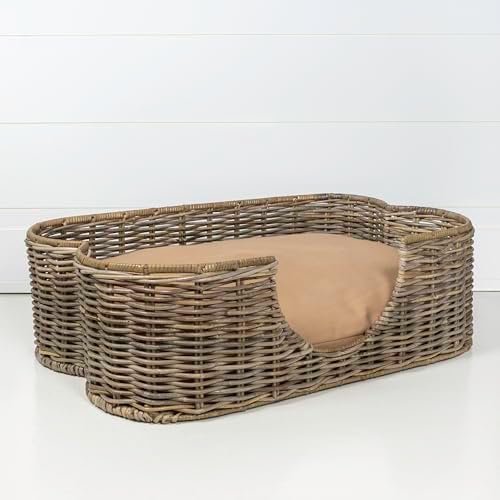 DBD1003A Scallop 31" x 20" Tropical Handwoven Rattan Dog Bed with Machine Washable Cushion, Kubu Gray