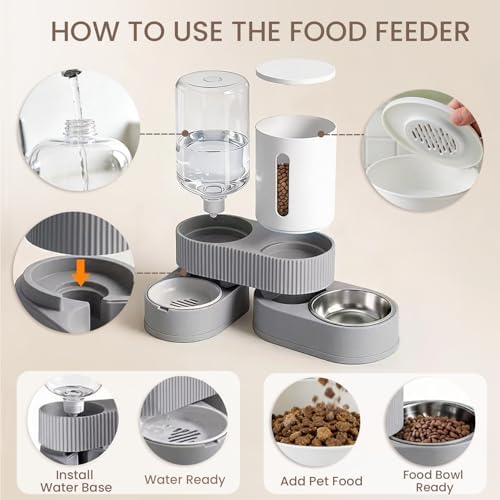 Gravity Cat Feeder 2 Pack Automatic Food Feeder and Water Dispenser Set Detachable Pet Bowl with Silicone Mat and Brush for Cats Small Medium Dogs, Large Capacity(Grey)