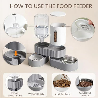Gravity Cat Feeder 2 Pack Automatic Food Feeder and Water Dispenser Set Detachable Pet Bowl with Silicone Mat and Brush for Cats Small Medium Dogs, Large Capacity(Grey)