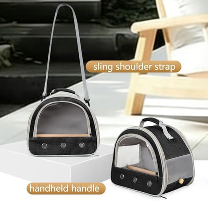 Bird Carrier, Portable Small Bird Parrot Parakeet Carrier with Standing Perch and Stainless Steel Tray, Side Access Window Collapsible (Black, Horizontal Perch)