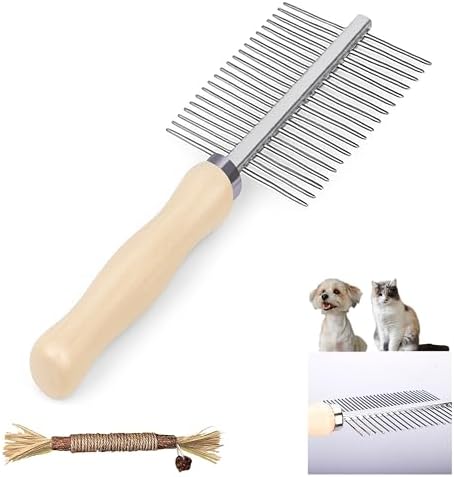 Double Row Undercoat Rake for Dogs & Cats - Wooden Handle Metal Dog Comb, Pet Grooming Dog Rake for Deshedding & Detangling