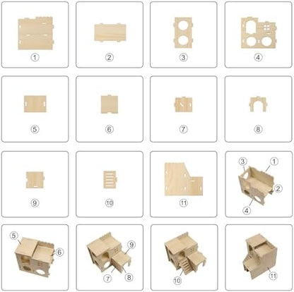 Multi-Chamber Hamster Hideout & House, Natural Wood Small Animal Cage Accessories for Dwarf Hamsters, Gerbils and Mice – Ventilated Design with Structure
