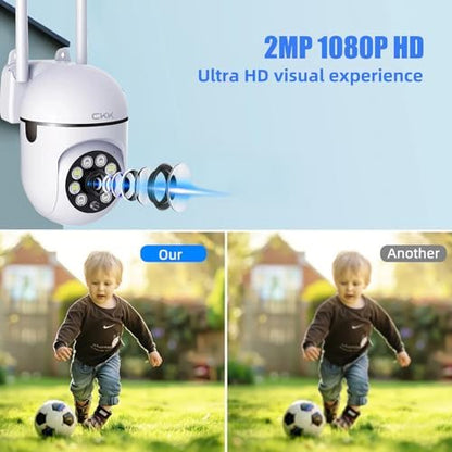 CKK 1080P Security Camera Outdoor Corded Power, 2 Pcs 2MP PTZ WiFi Home Camera (2.4G/5G Dual-Band), 360° Pan/Tilt, Color Night Vision, Motion Alerts, 2-Way Audio, Compatible with Alexa