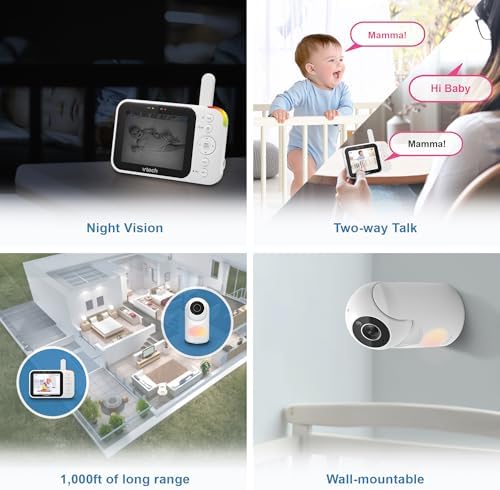 VTech Video Baby Monitor with Camera and Audio, 3.5" LCD Screen, Pan-Tilt-Zoom, 2-Way Talk, VOX Mode, Night Light, Lullabies, Soothing Sounds, Temperature Sensor, Long Range, No WiFi: VM4263 (White)
