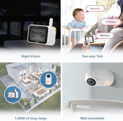 VTech Video Baby Monitor with Camera and Audio, 3.5" LCD Screen, Pan-Tilt-Zoom, 2-Way Talk, VOX Mode, Night Light, Lullabies, Soothing Sounds, Temperature Sensor, Long Range, No WiFi: VM4263 (White)