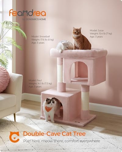 Feandrea Cat Tree, 40.6-Inch Tall Cat Tower, Cute Plush Condo, Jelly Pink