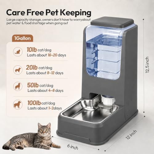 Automatic Cat Feeder and Water Dispenser Set with Stainless Steel Bowls, Gravity Dog Food and Waterer Large Capacity Pet Feeder for Small Medium Kitty Puppy, Gray