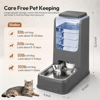 Automatic Cat Feeder and Water Dispenser Set with Stainless Steel Bowls, Gravity Dog Food and Waterer Large Capacity Pet Feeder for Small Medium Kitty Puppy, Gray
