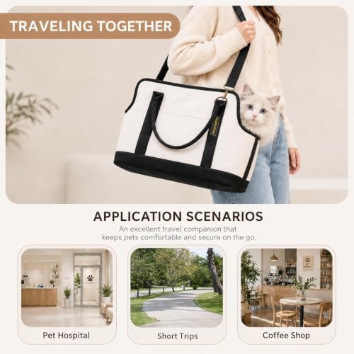 JourCraf Dog Carrier for Small Dogs, Soft Sided Cat Carrier with Hard Bottom, Breathable Mesh Top, Safety Leash, Padded Shoulder Strap, Fits Pets up to 13 lbs, for Travel, White