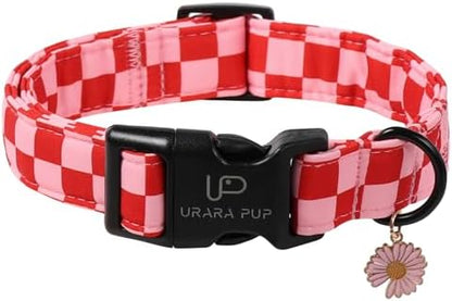 Red and Pink Plaid Dog Collarwith Bow Tie– Adjustable Red & Pink Checkered Dog Collar for Small Medium Large Dogs, Soft Xmas Plaid Puppy Collars with Quick Release Buckle XS