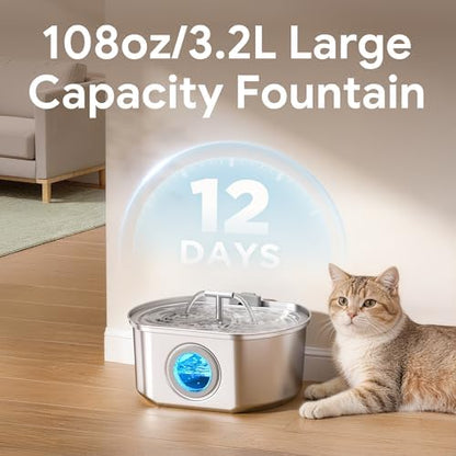 Cat Water Fountain Stainless Steel - 3.2L/108oz Cat Drinking Fountain