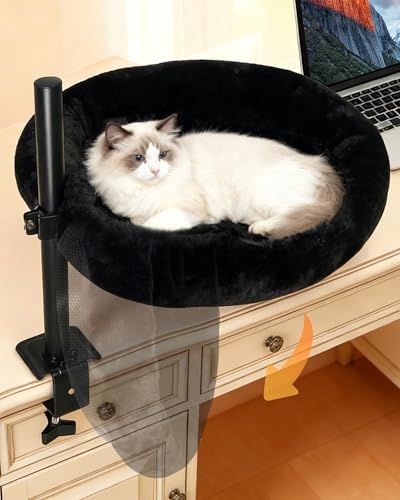 L&W BROS. Cat Desk Bed, 20.5"x18.5" Foldable Clamp-On Desk Cat Hammock for Large Cats, 50lb Capacity Space-Saving Desk Cat Perch with Washable Plush Fleece Cover for Gaming & Office Desk