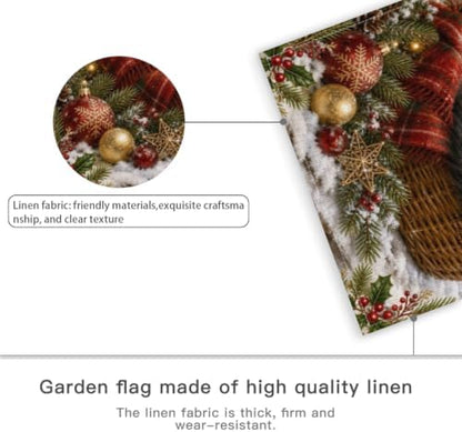 Merry Christmas Garden Flag 12x18 Inch Tabby Cat Wicker Basket Red Bow Holly Ornament Snowy Vintage Cottage Outdoor Yard Lawn Front Porch Welcome Double Sided Banner Decor