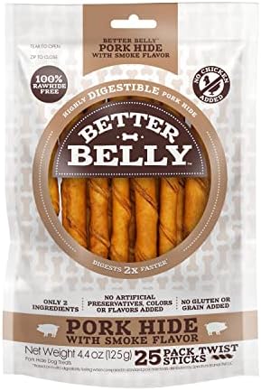 Better Belly Pork Hide Twist Sticks Highly Digestible Dog Treat, 25 Count