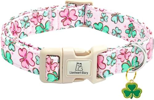 Lionheart glory St. Patrick's Day Dog Collar, Clover Collars Pink Dog Collar for Medium Dogs Spring Female Dog Collar Adjustable Heavy-Duty Dog Collar Pet Gift Plastic Buckle
